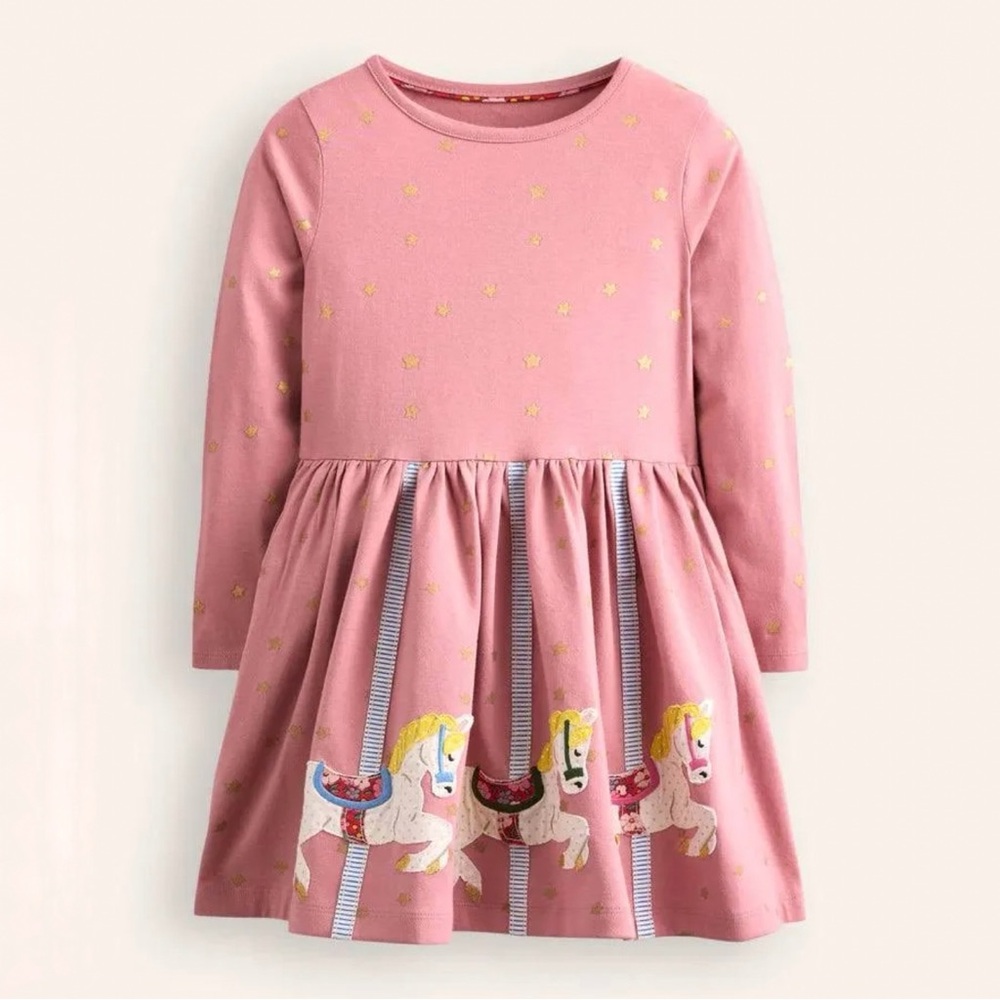 MINI BODEN VINTAGE PINK STAR HORSE CAROUSEL APPLIQUÉ LONG SLEEVE JERSEY DRESS - Picture 1 of 3